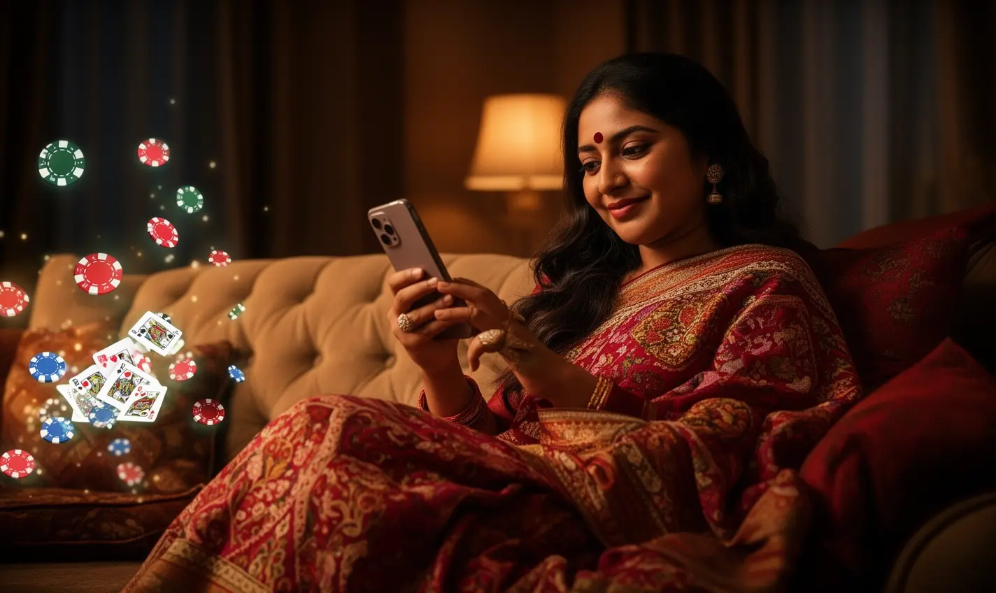 Elegant Bangladeshi woman relaxing on a sofa while using the GB99 casino app with glowing chips and cards creating a premium mobile gaming mood