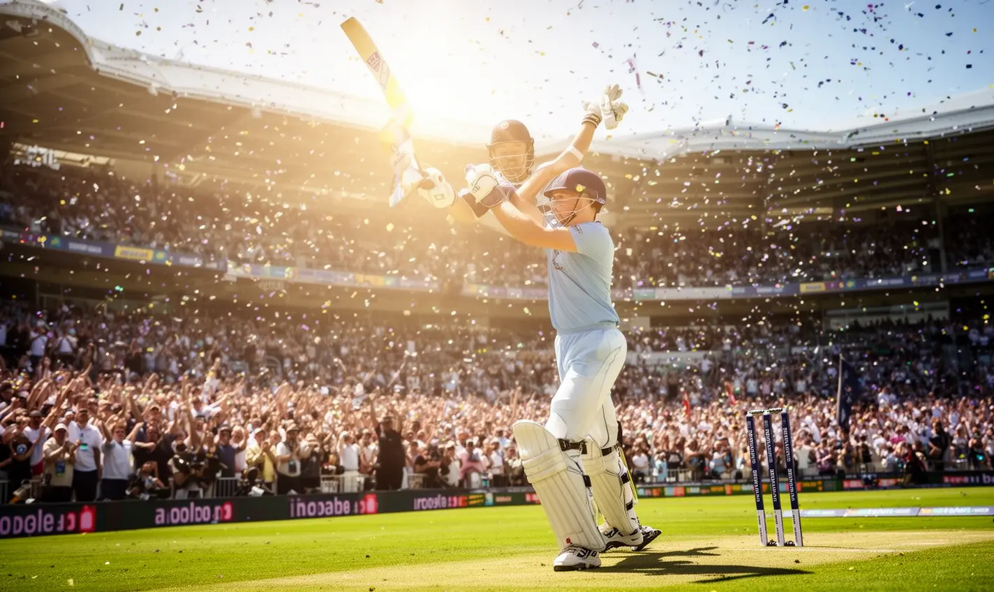 Cricket player celebrating a match winning moment with raised arms and cheering fans representing big sports betting wins on GB99 in Bangladesh
