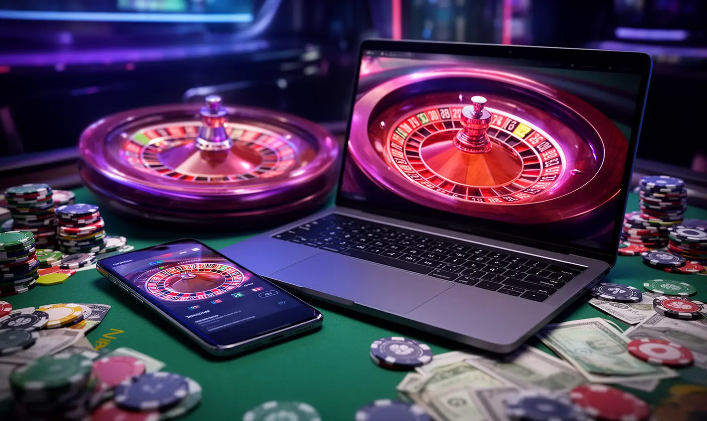 Modern online casino scene with a smartphone and laptop showing a glowing roulette wheel surrounded by chips illustrating the premium GB99 casino experience for Bangladesh players