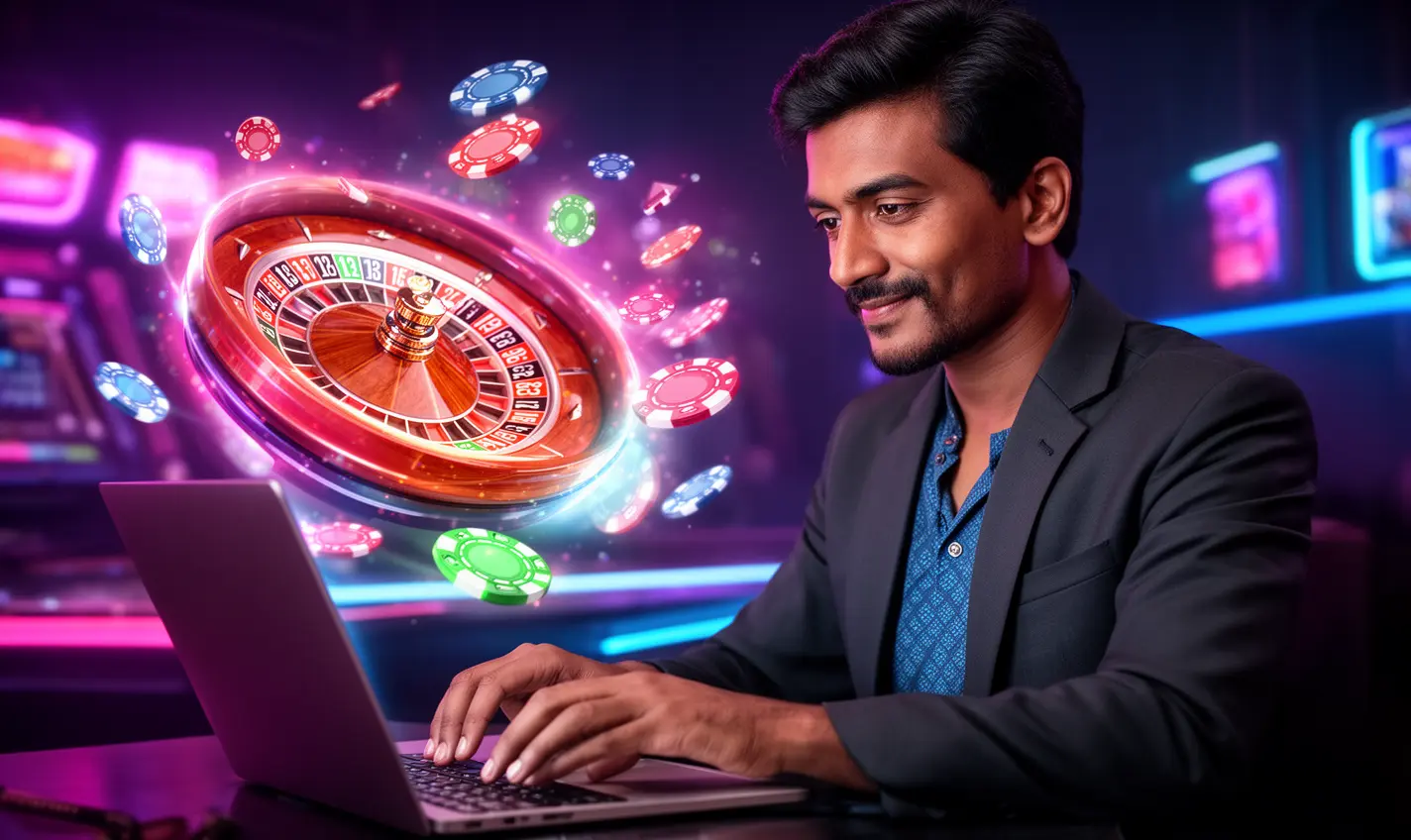 Focused Bangladeshi player using a laptop surrounded by glowing casino chips and roulette visuals representing premium online gaming on GB99