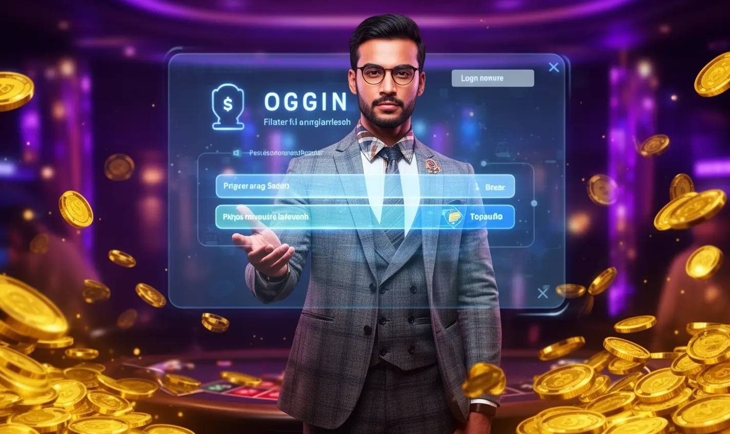 Stylish Bangladeshi casino ambassador welcoming players to the GB99 login interface with floating coins and vibrant casino lights