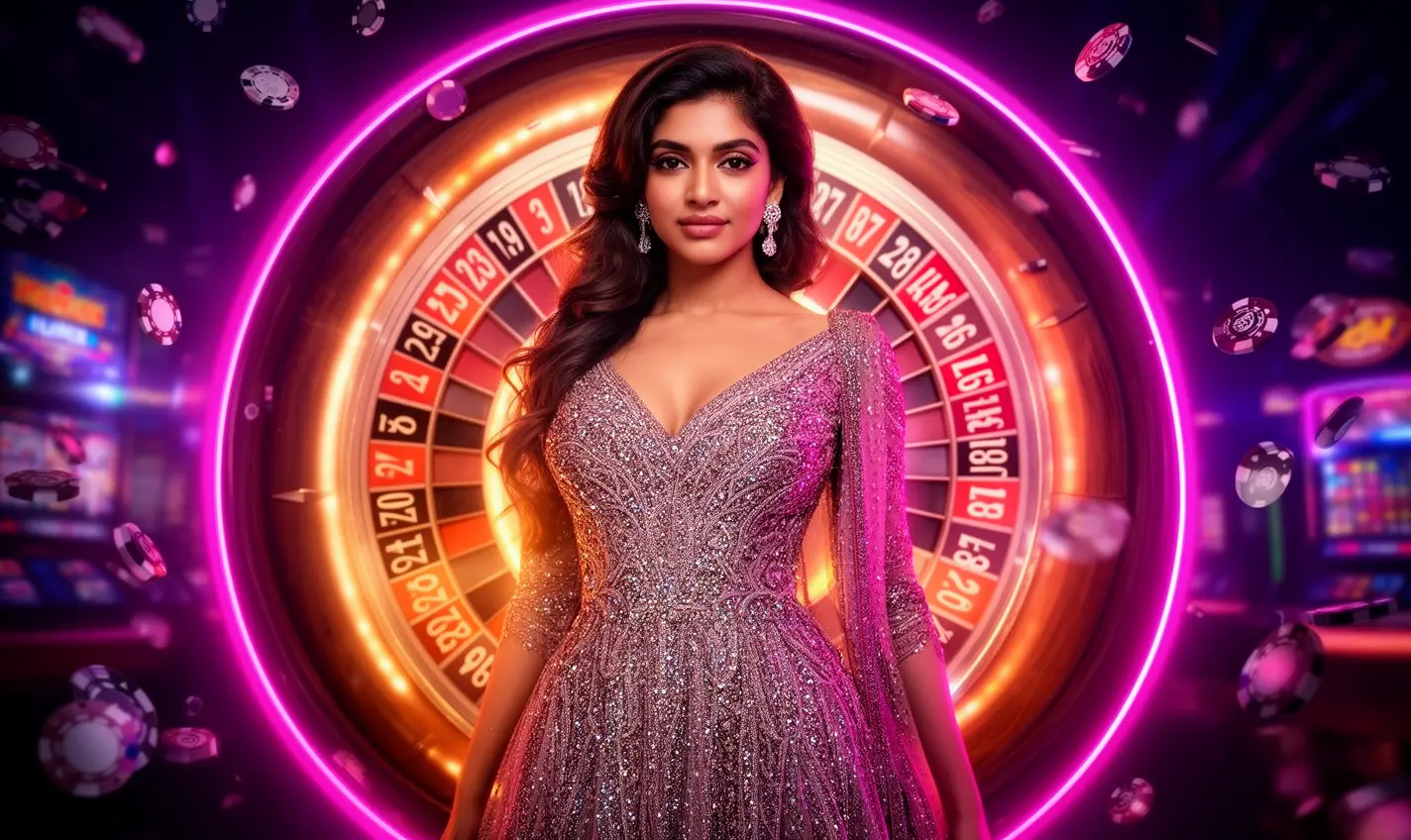 Stylish female casino model in a glittering dress posing before a vibrant roulette wheel symbolizing luxury casino entertainment and winning moments at GB99 for players in Bangladesh