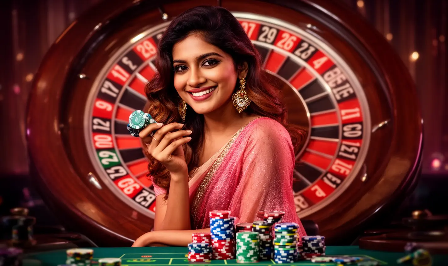 Stylish casino portrait of a smiling woman holding poker chips near a roulette table highlighting the exciting live casino experience at GB99 in Bangladesh
