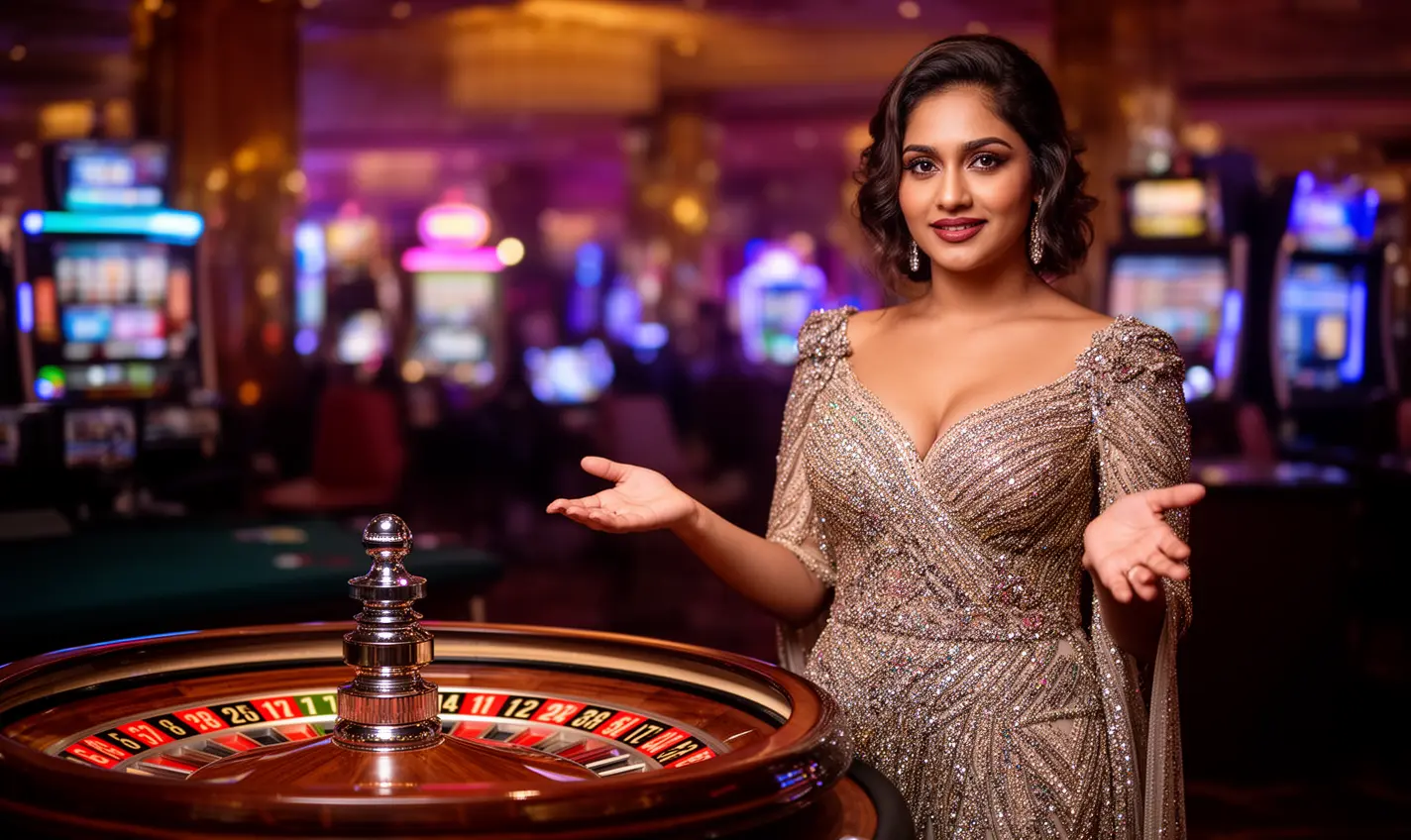 Elegant live casino hostess from Bangladesh presenting a roulette table in a luxurious studio on GB99 casino platform