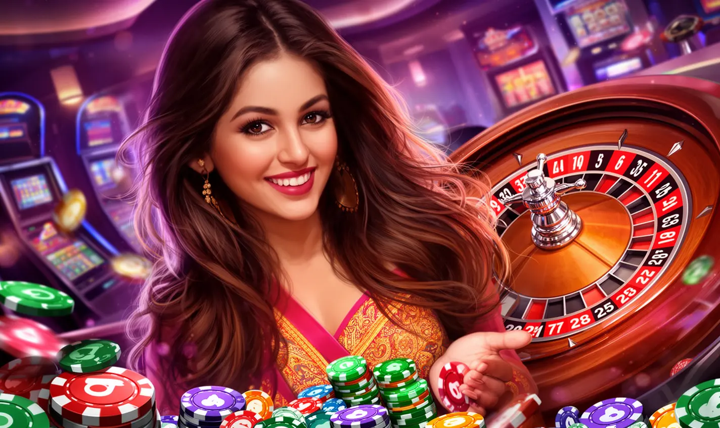 Confident Bangladeshi player enjoying a vibrant casino atmosphere with roulette lights and chips symbolizing premium gaming action at GB99
