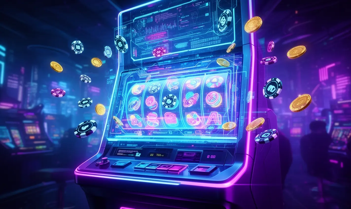 Futuristic slot machine with glowing reels and floating coins in a cyberpunk casino atmosphere showcasing the premium gaming style of GB99 for players in Bangladesh